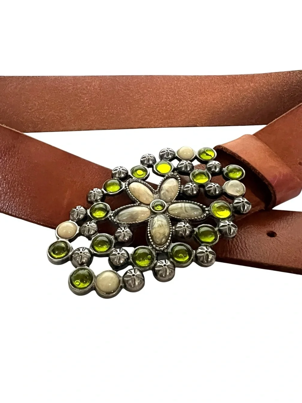 Hollister Brown Leather Belt with Decorative Floral Buckle Y2K